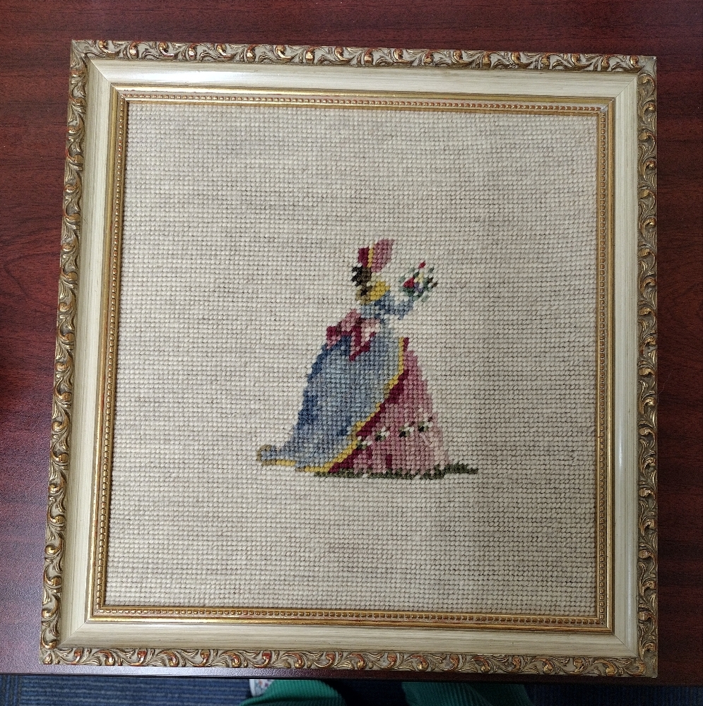 Framed Needlepoint Art with Pink and Blue Design